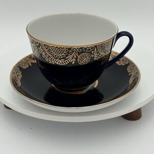 Vintage‎ Russian Cobalt Net Gold Web Lomonosov Tea Cup with Saucer Set of 6